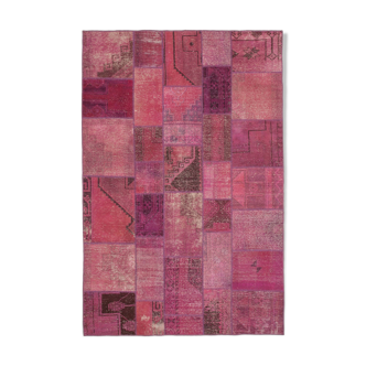 Handwoven oriental overdyed 196 cm x 299 cm pink patchwork carpet