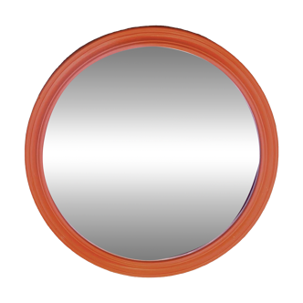 Vintage round wall mirror in orange painted wood - diameter: 48 cm