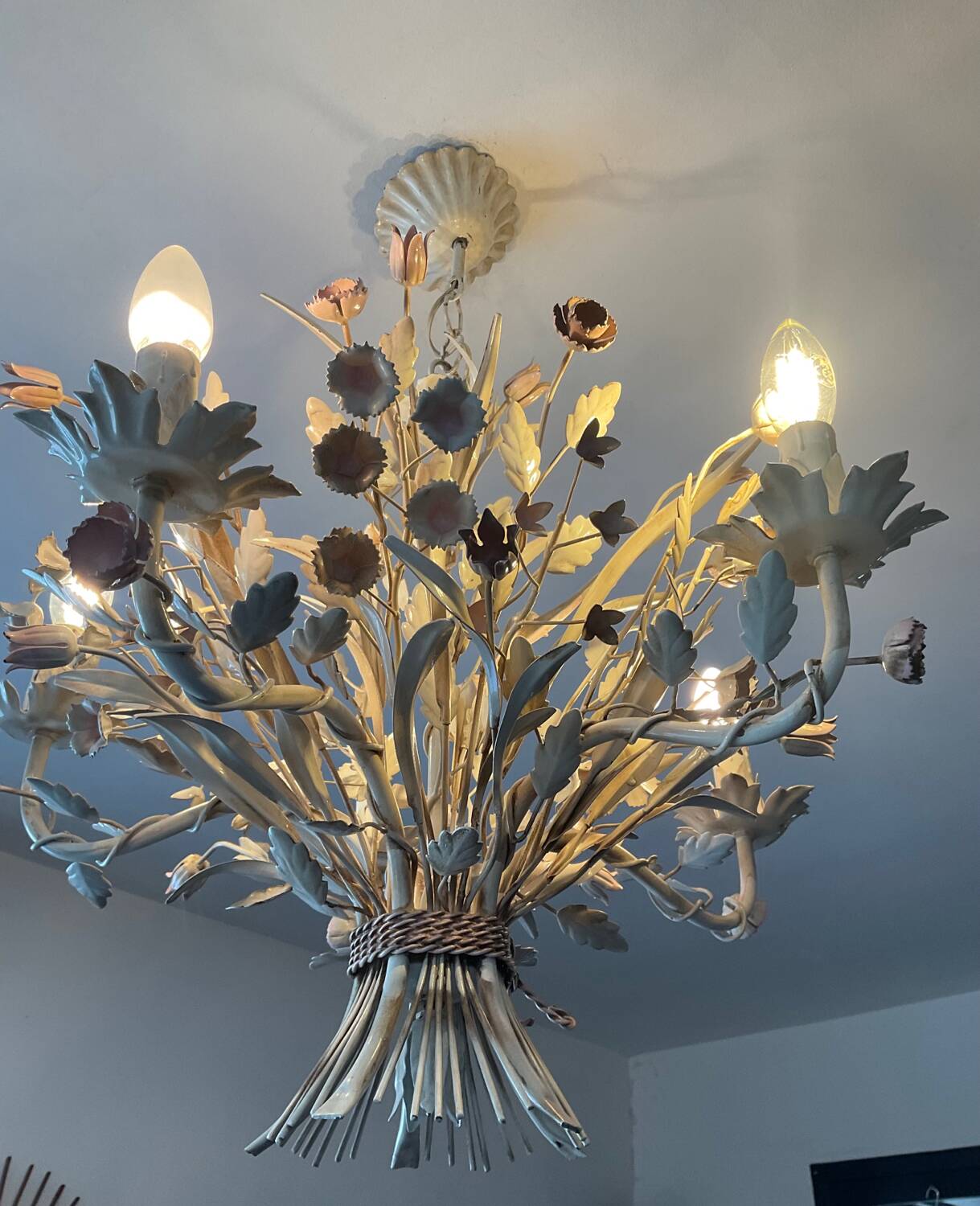 Vintage wrought iron bouquet chandelier from the 50s and 60s
