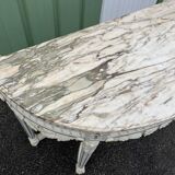 Louis XVI style half-moon console table with carved and painted wood and marble top