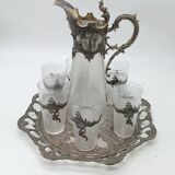 Tray with carafe and 6 glasses, glass and silver-plated metal, Art Nouveau period