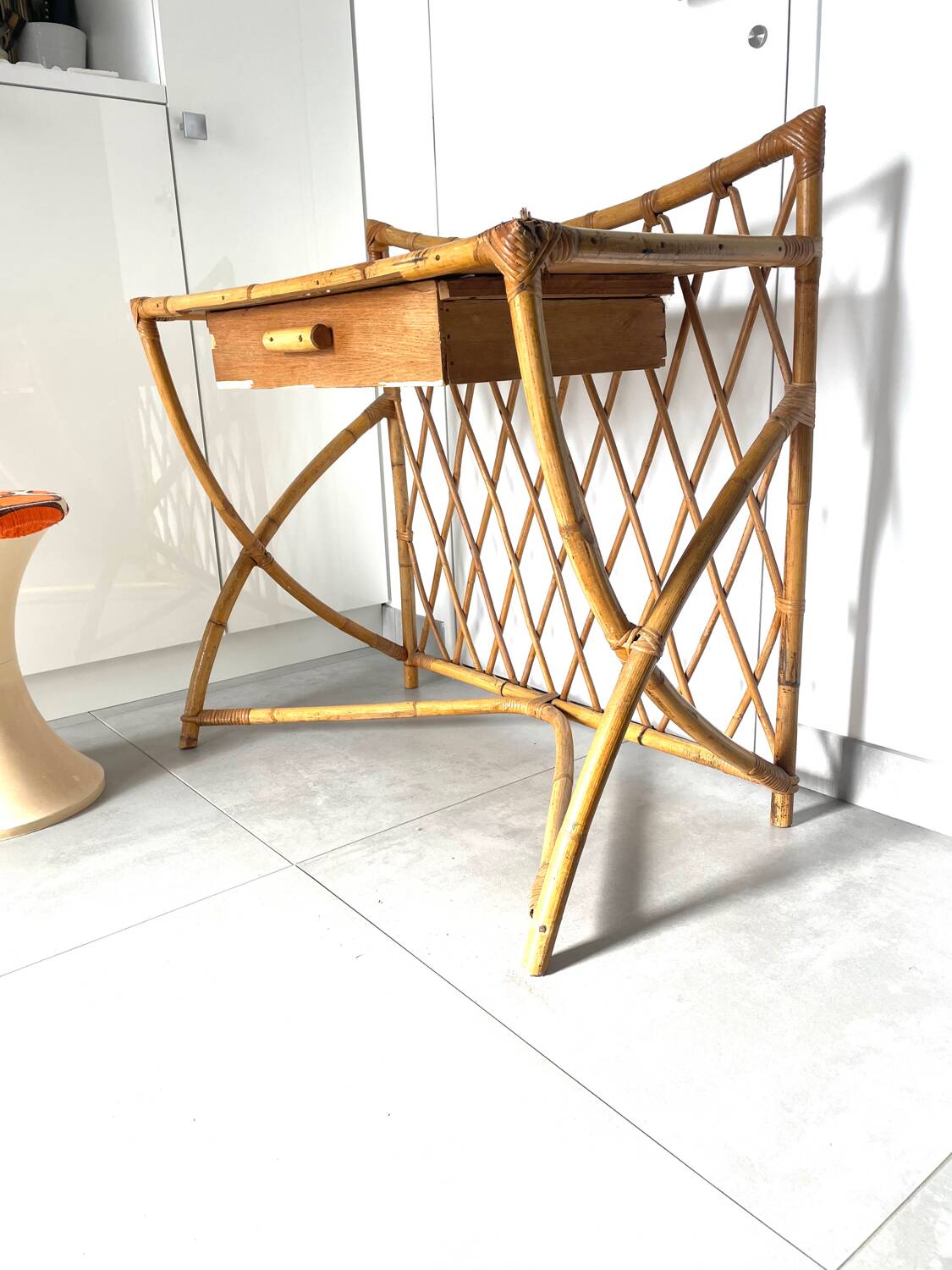 Bamboo and rattan desk and stool