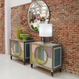 Mid-Century Modern Style Italian Cabinet Wood, Brass and Colored Glass