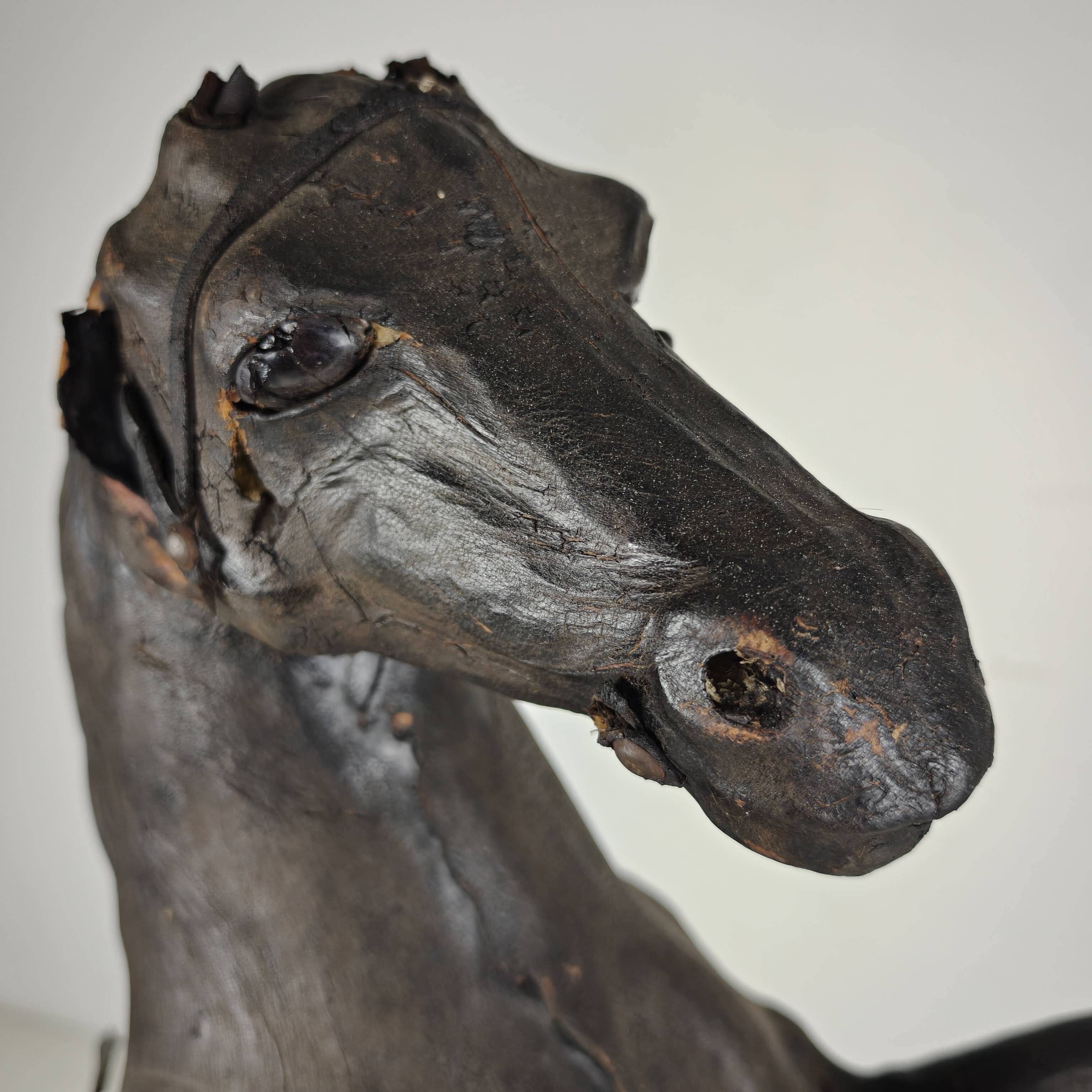 Early 20th Century Antique Leather Horse Sculpture with Glass Eyes