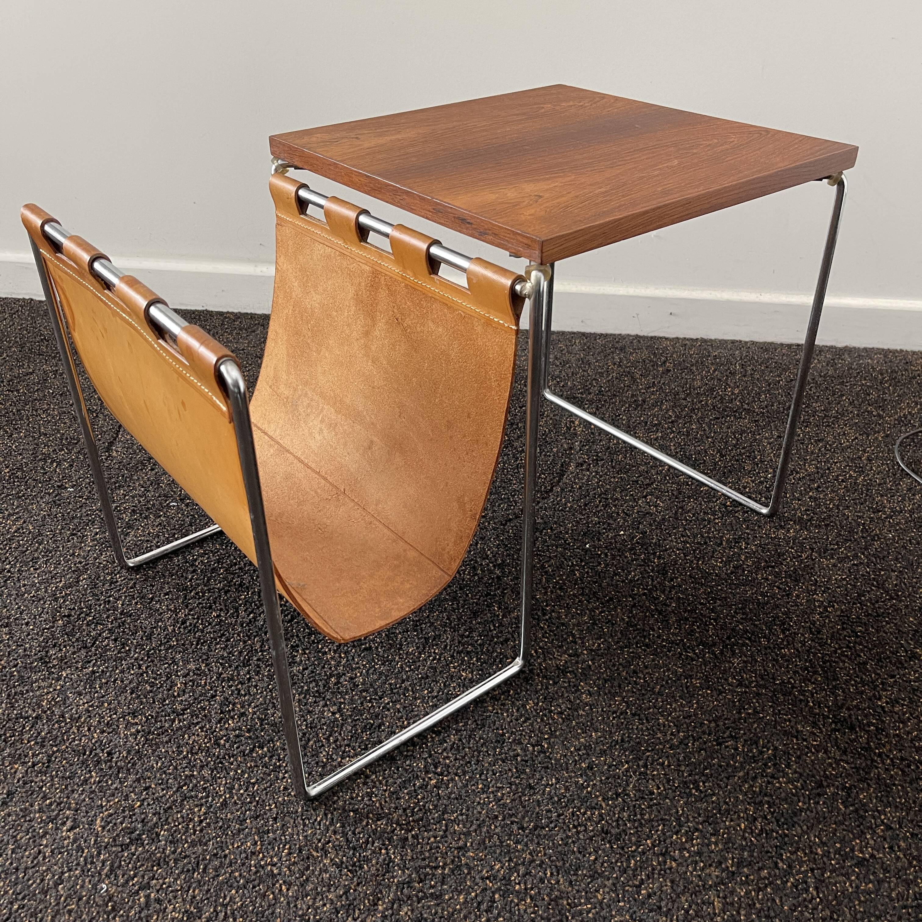 Vintage side table / newspaper holder in leather, chrome-plated steel rosewood, ca 1970
