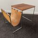 Vintage side table / newspaper holder in leather, chrome-plated steel rosewood, ca 1970