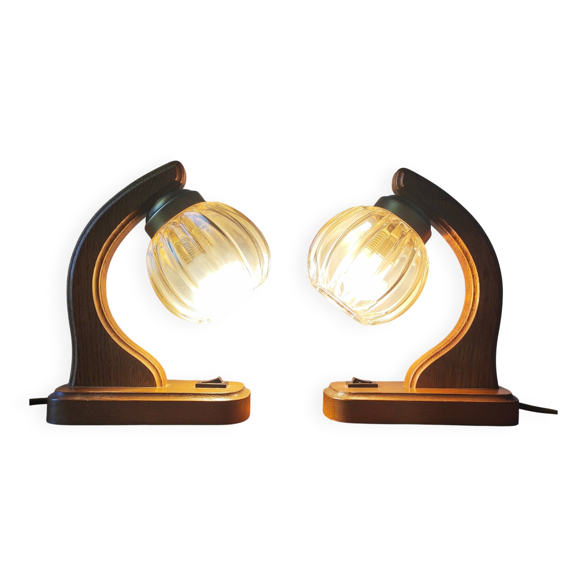 Pair of vintage 1970s mid-century Scandinavian lamps with amber globe.