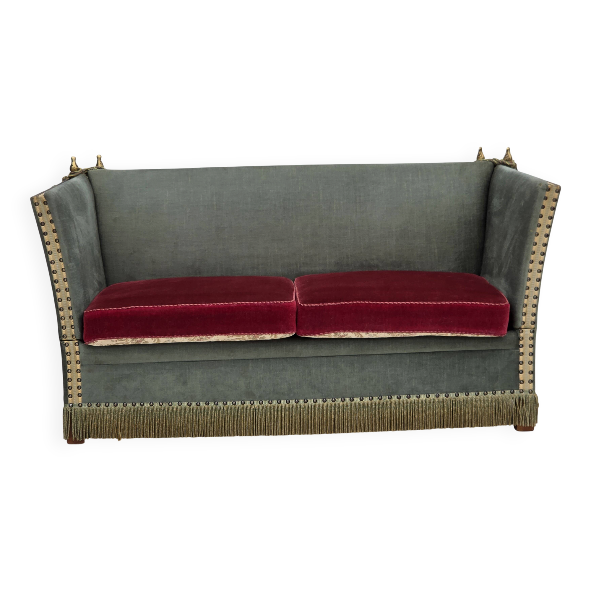1970s, Danish 2-seater drop arm "Spanish" sofa, green and red velour.