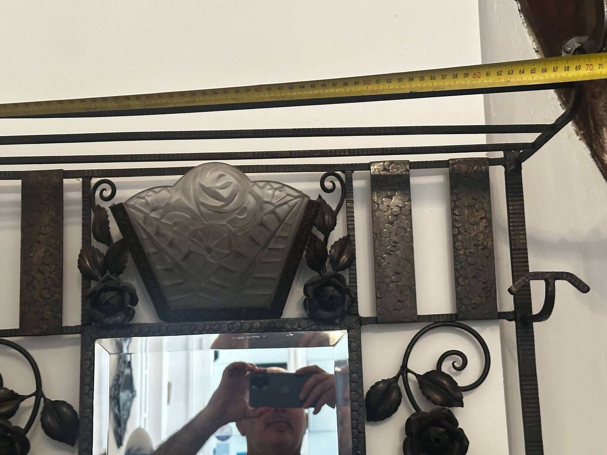Art deco wrought iron coat rack and Degue lamp