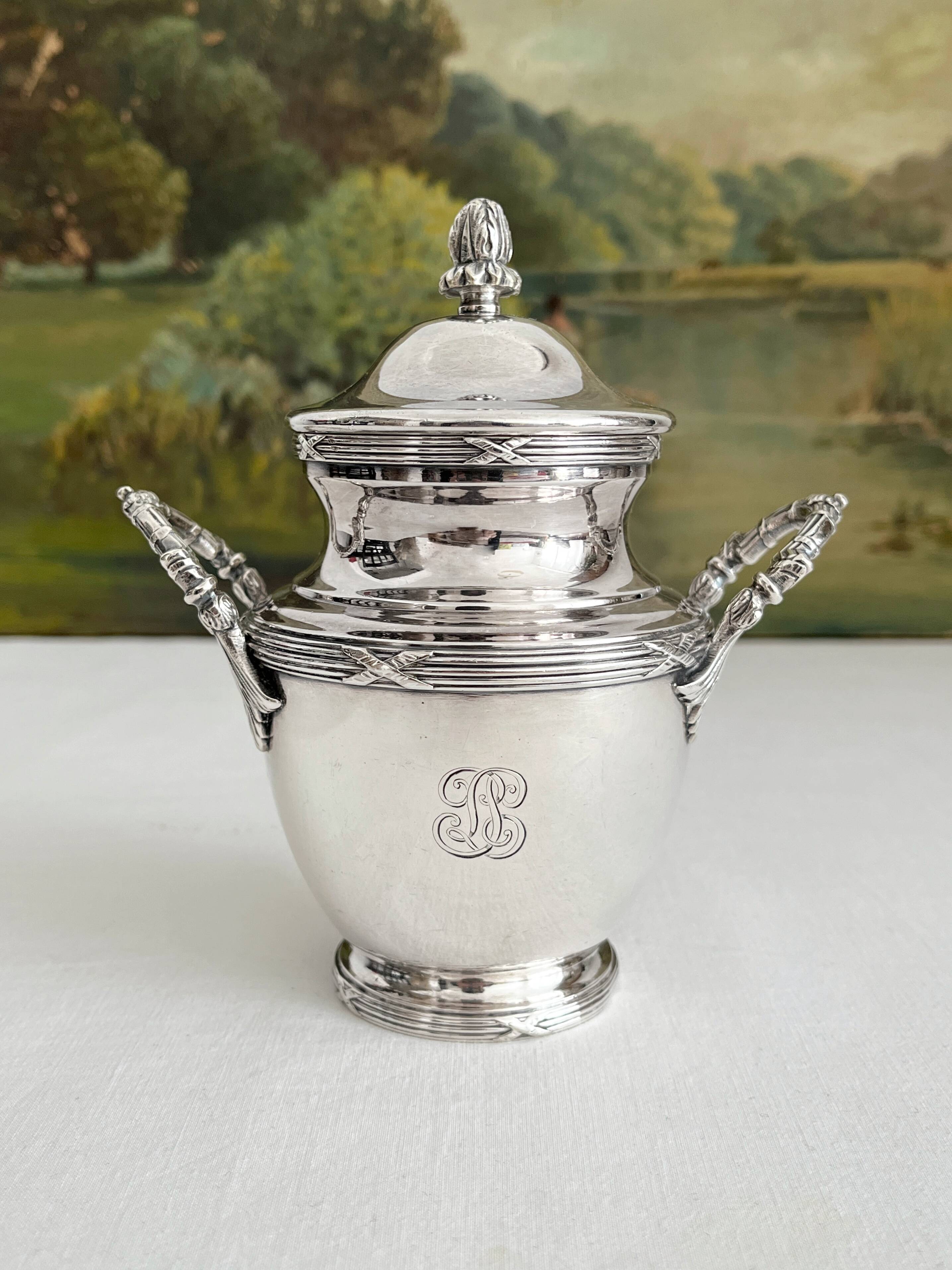 Antique monogrammed silver-plated metal sugar bowl