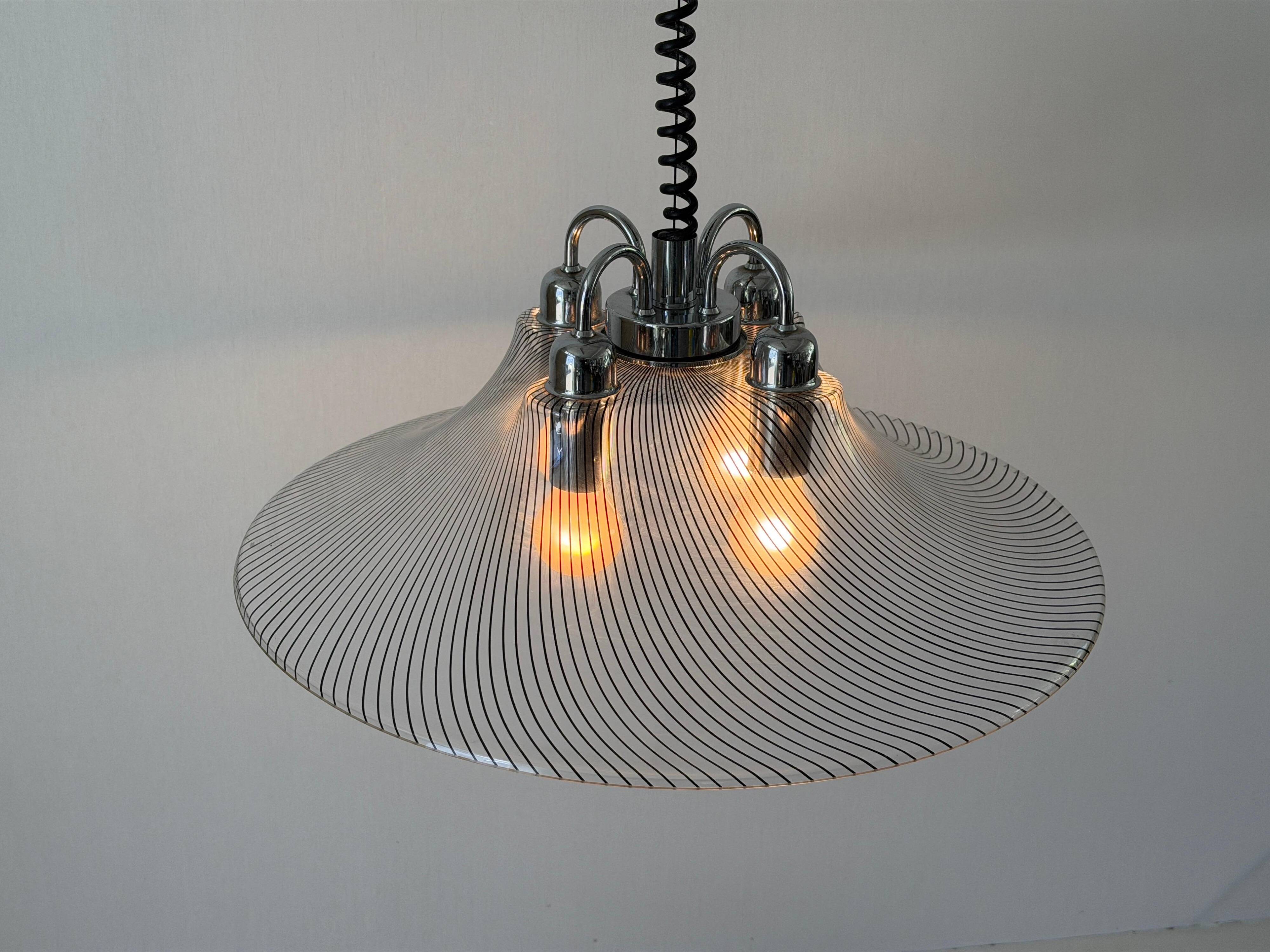 Suspended lamp with 4 sockets, chrome body and plexiglass shade, 1970s, Germany.
