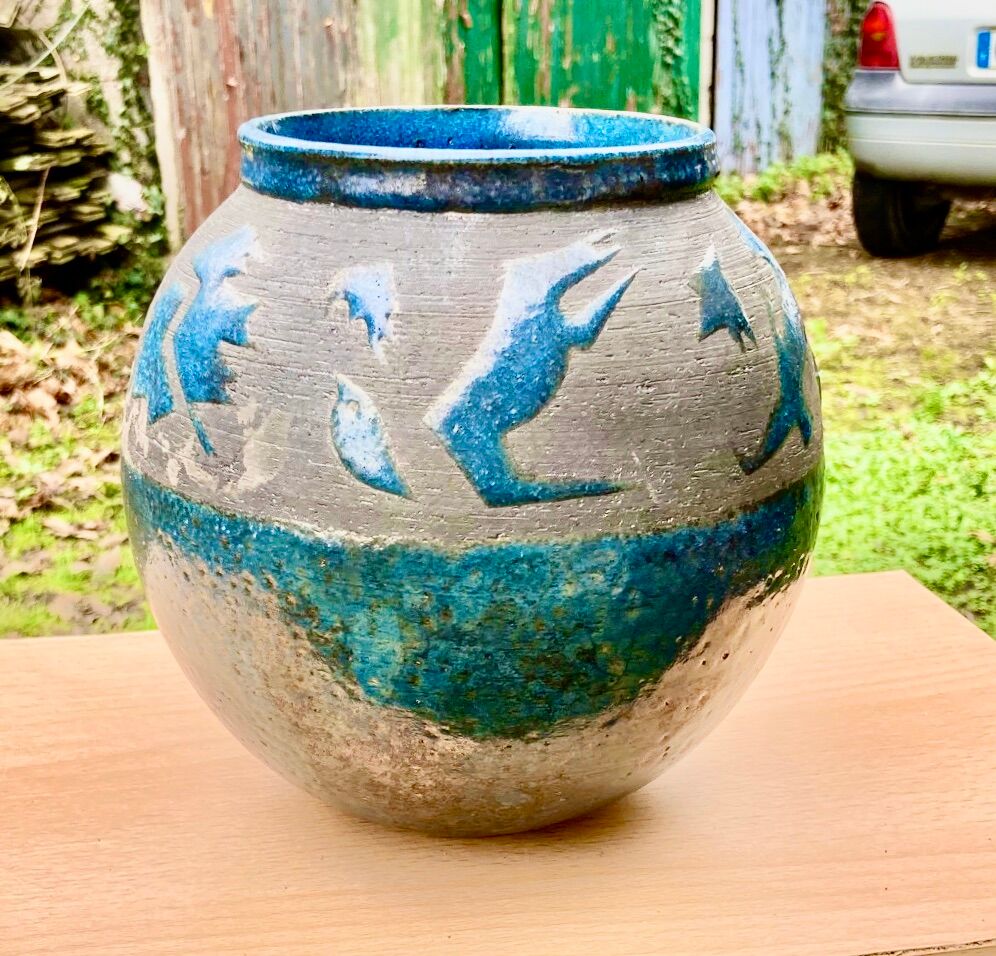 VASE PENSU , in enamelled ceramic, blue and gray abstract decoration - N° 10 - Vintage