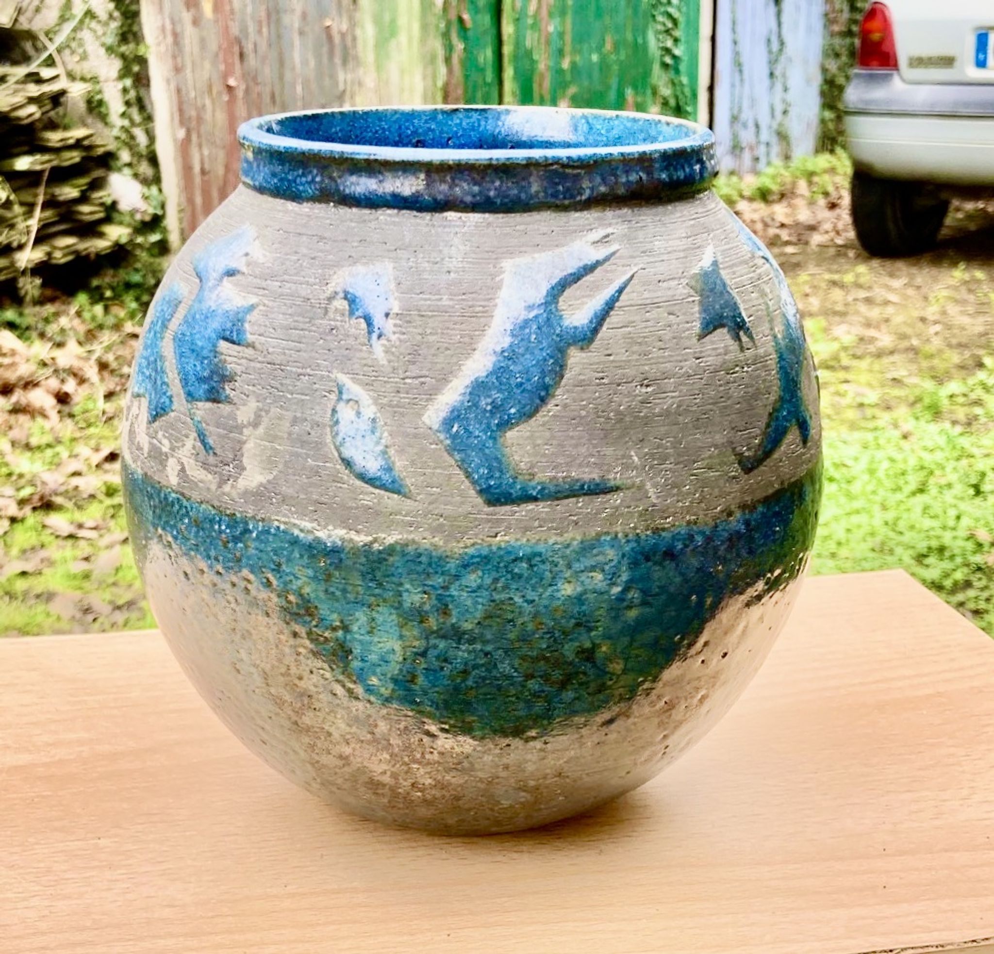 VASE PENSU , in enamelled ceramic, blue and gray abstract decoration - N° 10 - Vintage