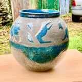 VASE PENSU , in enamelled ceramic, blue and gray abstract decoration - N° 10 - Vintage