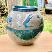 VASE PENSU , in enamelled ceramic, blue and gray abstract decoration - N° 10 - Vintage