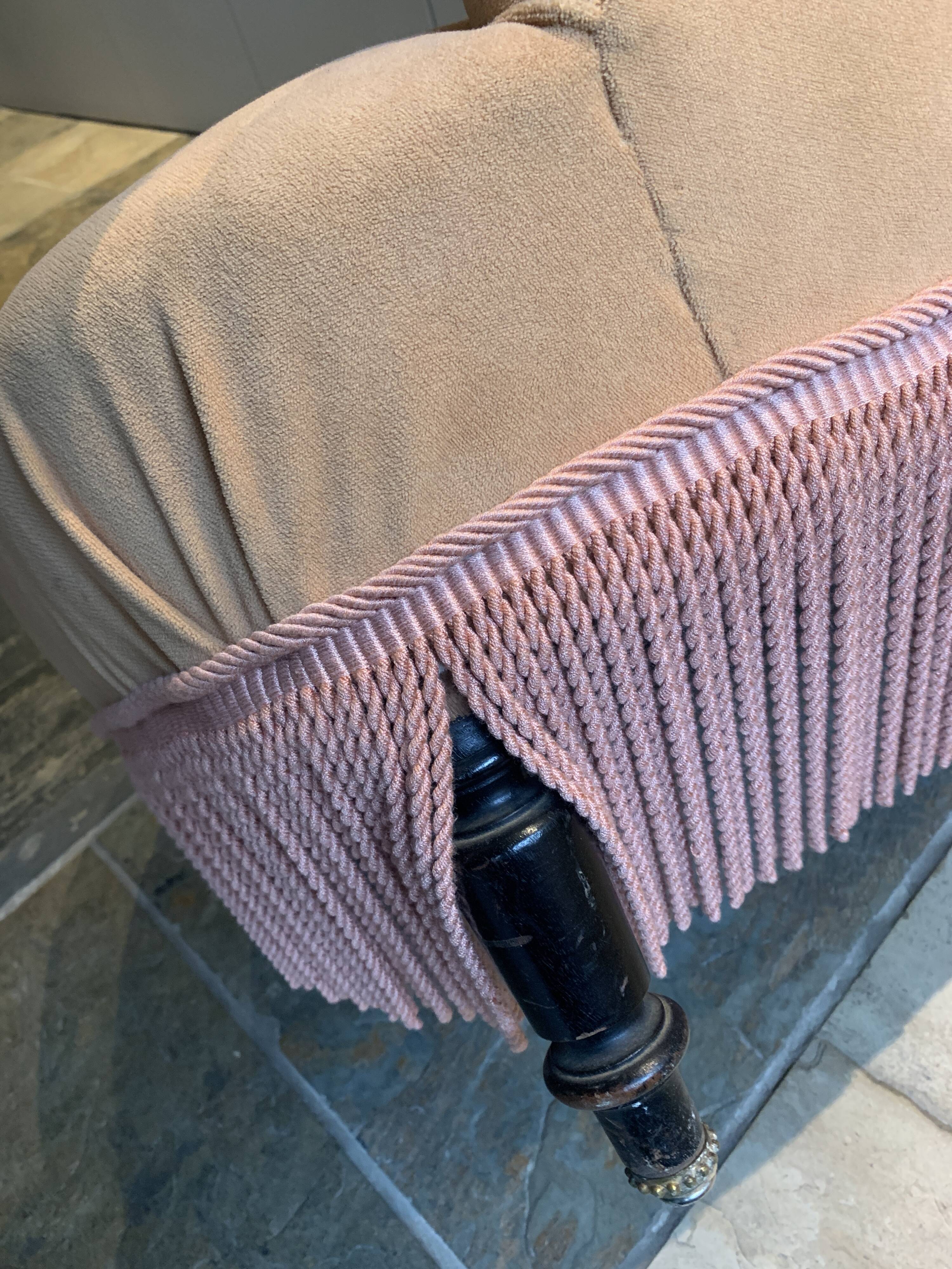 Yellow velvet toad armchair and pink trim