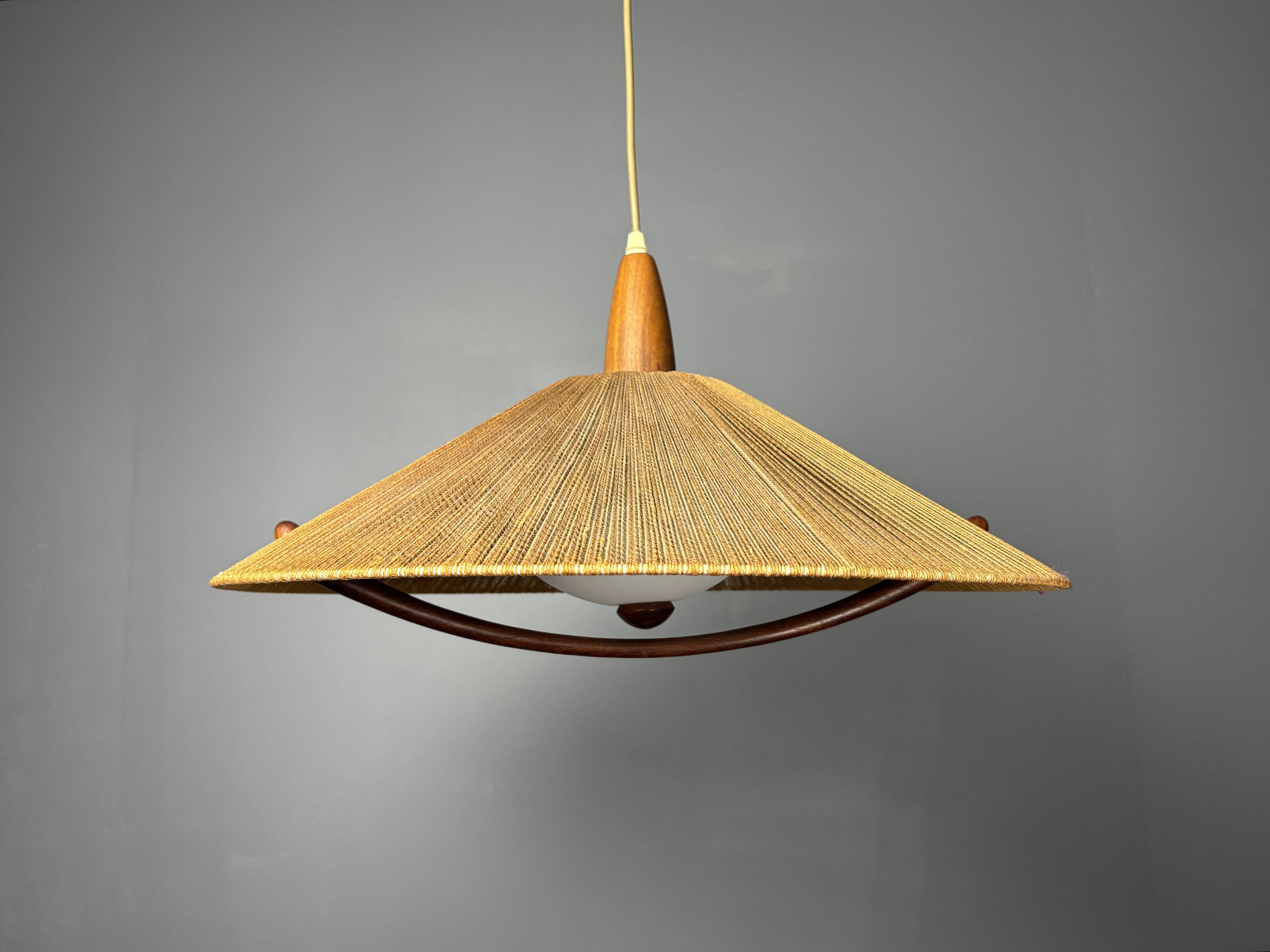 Large Mid-Century Teak and Sisal Cord Pendant from Temde Leuchten, 1960s