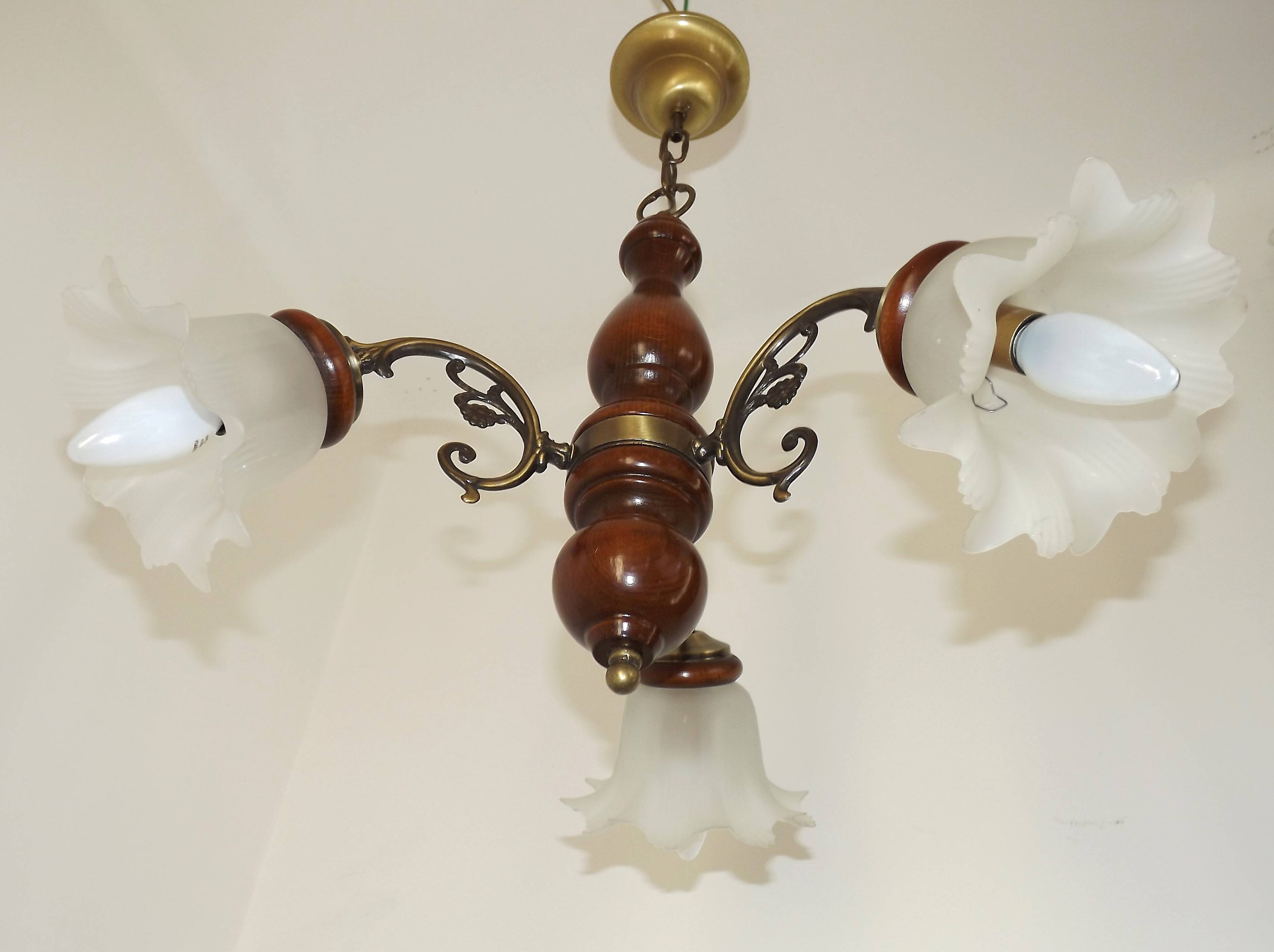 French Mid-Century 3-Light Wood and Bronzed Metal Chandelier with Glass Shades