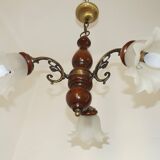 French Mid-Century 3-Light Wood and Bronzed Metal Chandelier with Glass Shades