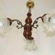French Mid-Century 3-Light Wood and Bronzed Metal Chandelier with Glass Shades
