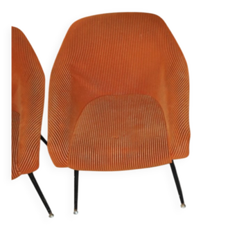 Pair of Mid-Century armchairs in black metal and orange fabric, VEB Sitzmöbelwerke, 1960s.