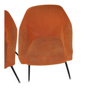 Pair of Mid-Century armchairs in black metal and orange fabric, VEB Sitzmöbelwerke, 1960s.