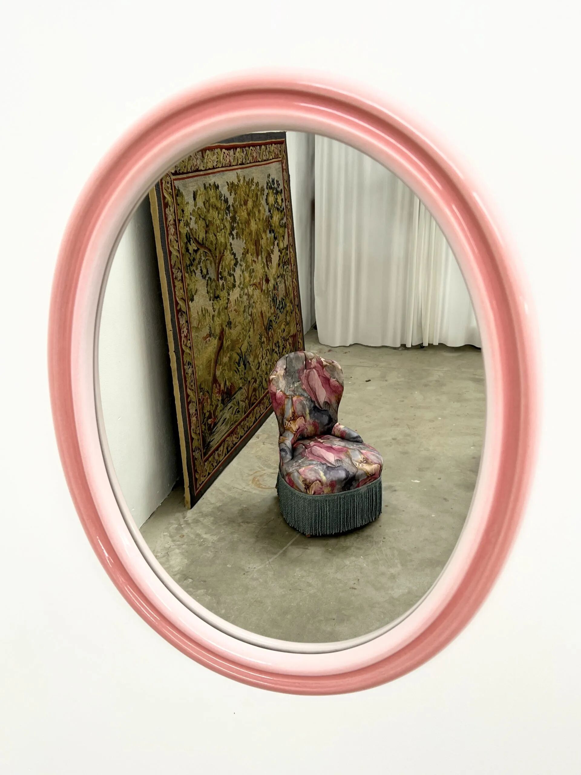 Large oval pink ceramic mirror (76cm) – vintage Italian design