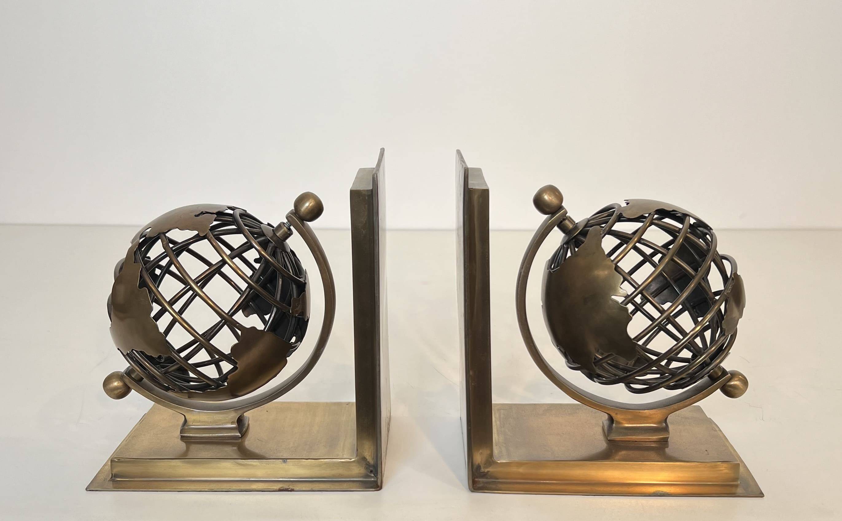 Pair of Brass Bookends with Openwork Globe Decorations. Work