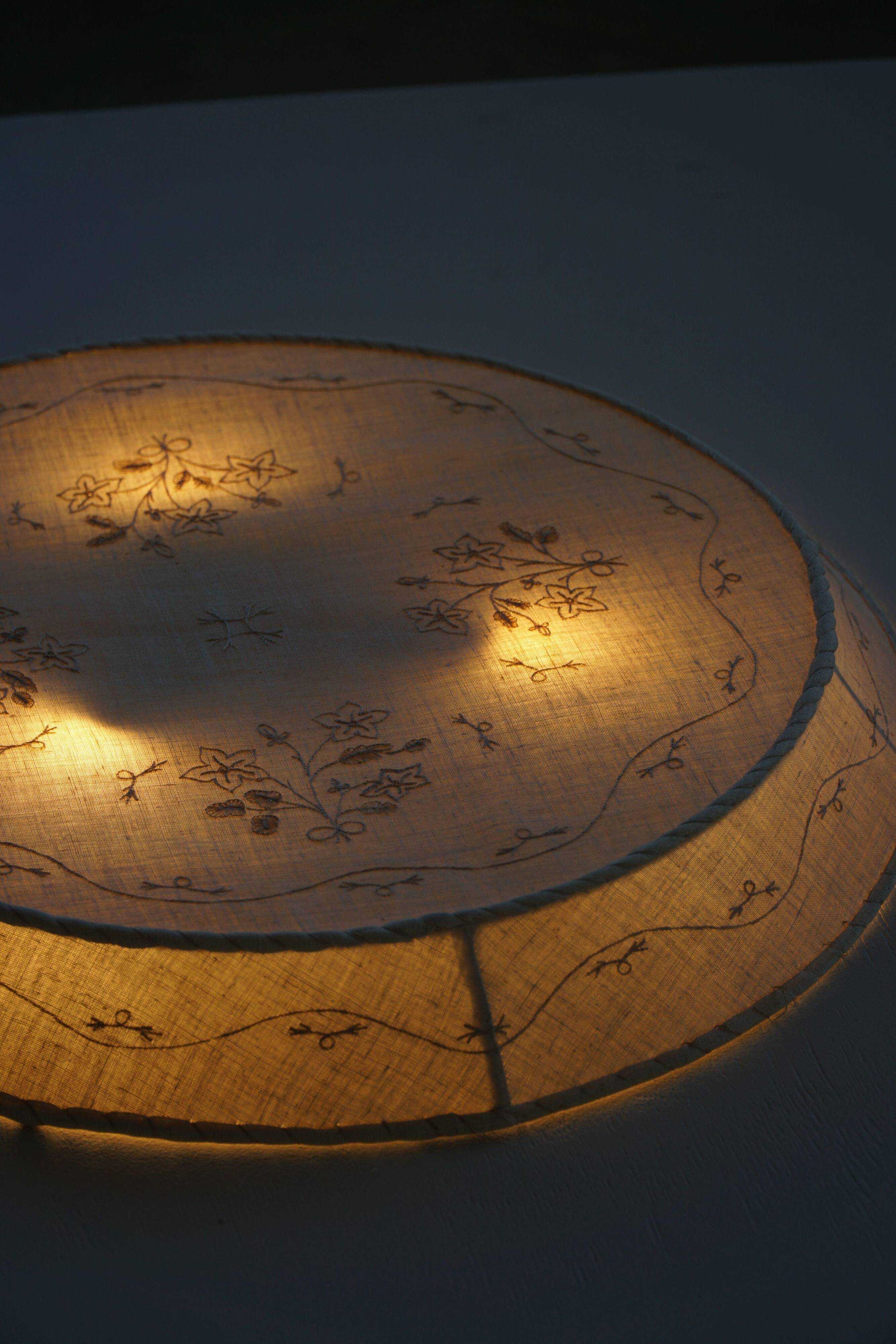 Large Swedish wall/ceiling light from the mid-century in linen and lace, Sweden, 1950s.