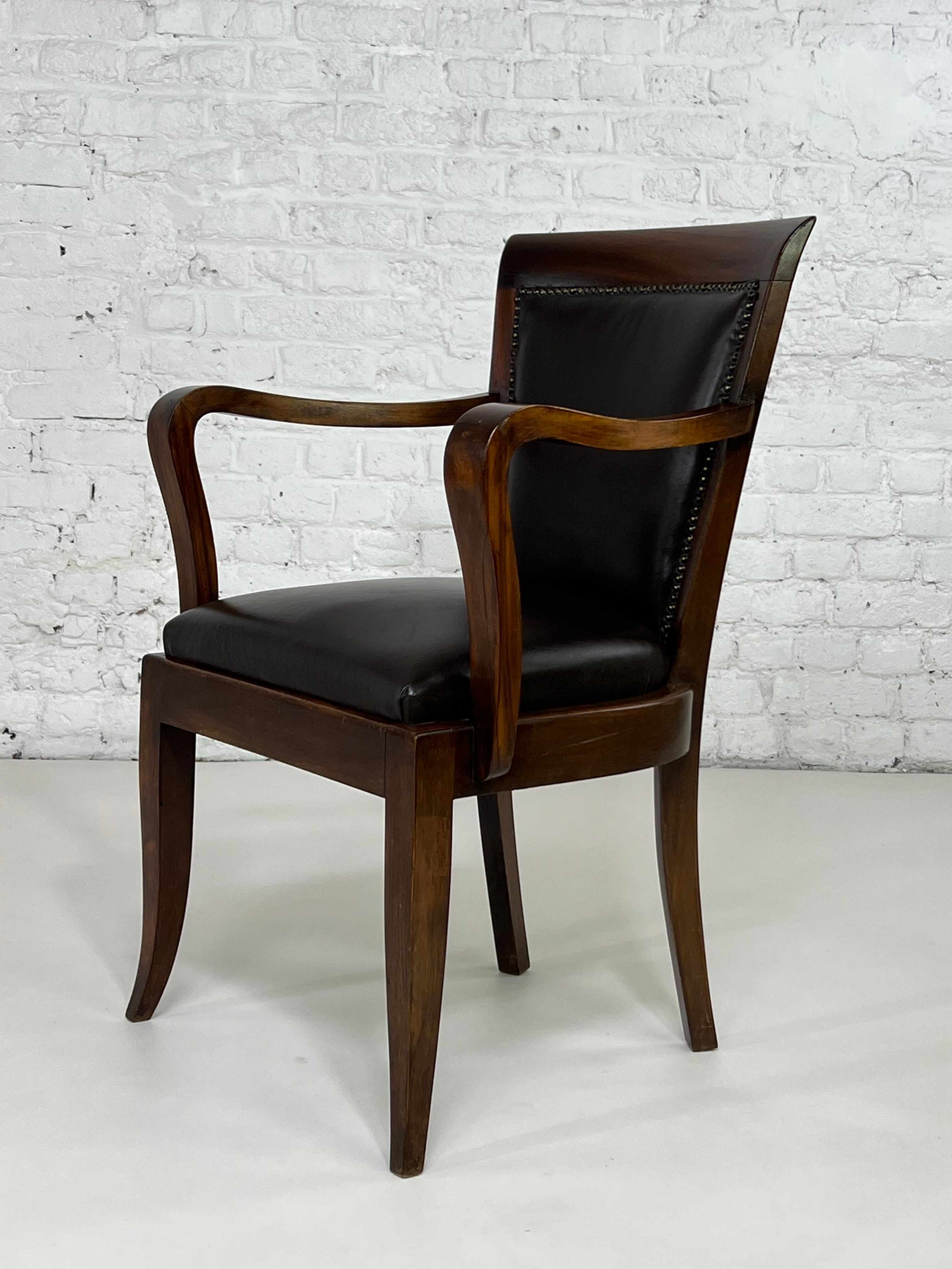 Fauteuil de bureau style Empire en bois et cuir