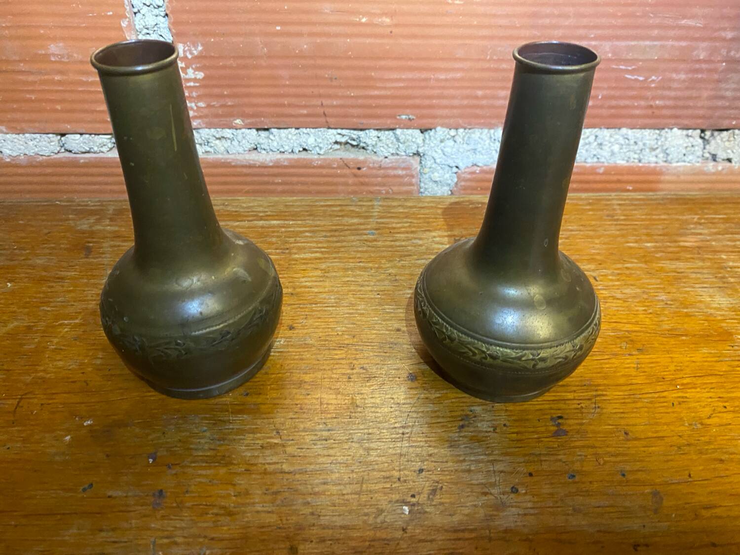 Pair of Antique Vintage Repoussé Brass Vases