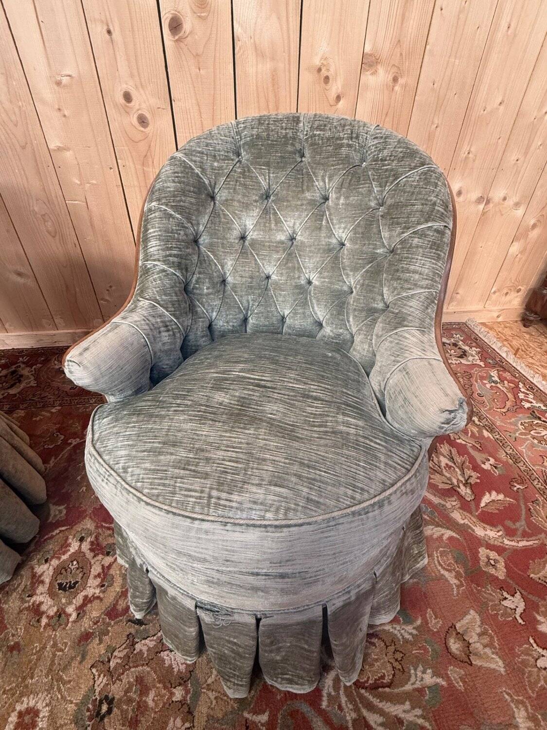Pair of Napoleon III frog armchairs in grey-blue velvet