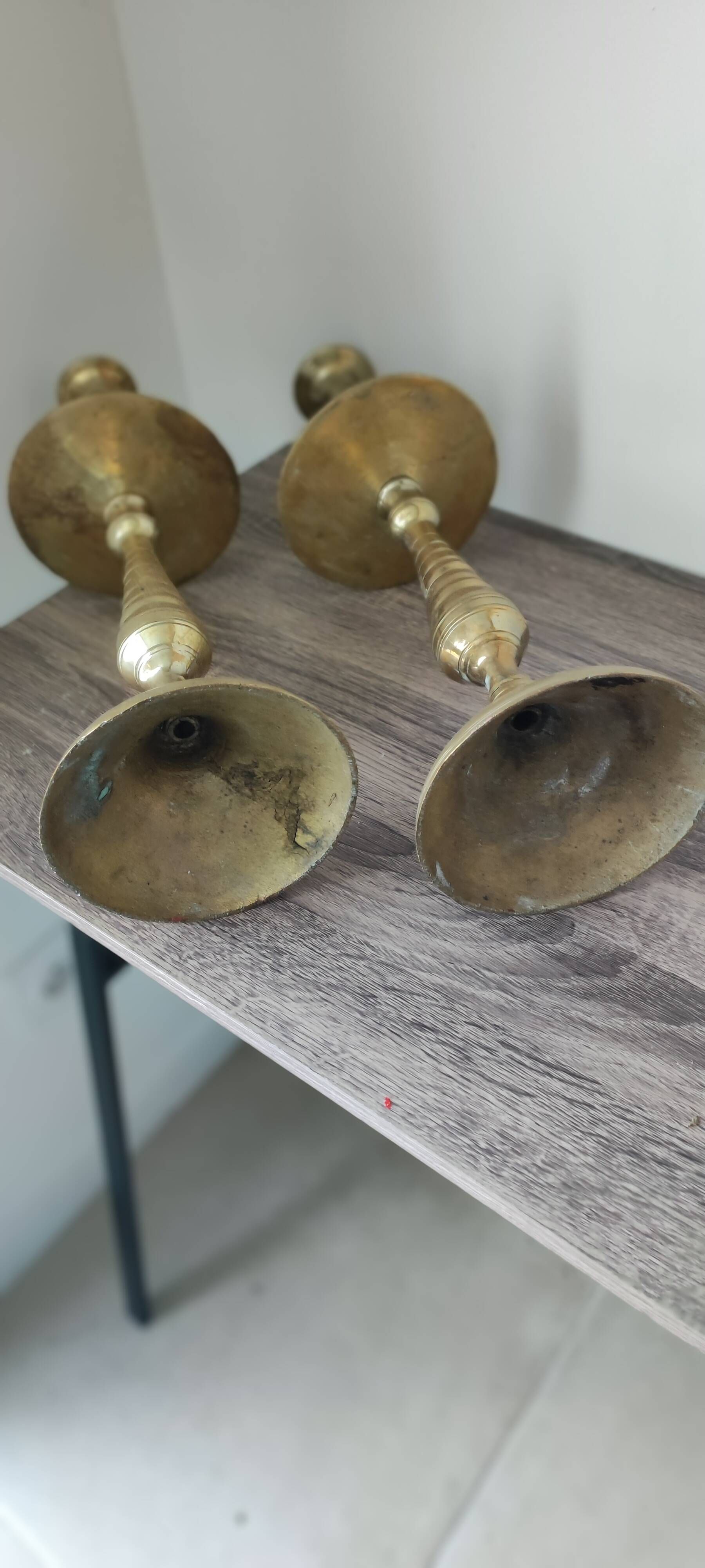 Vintage 19th century brass candlesticks - pair of patina candlesticks