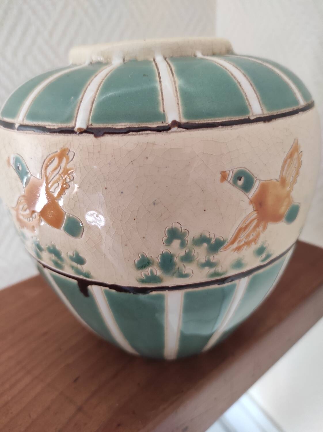 Vase boule céramique cloisonnée décor canards sauvages