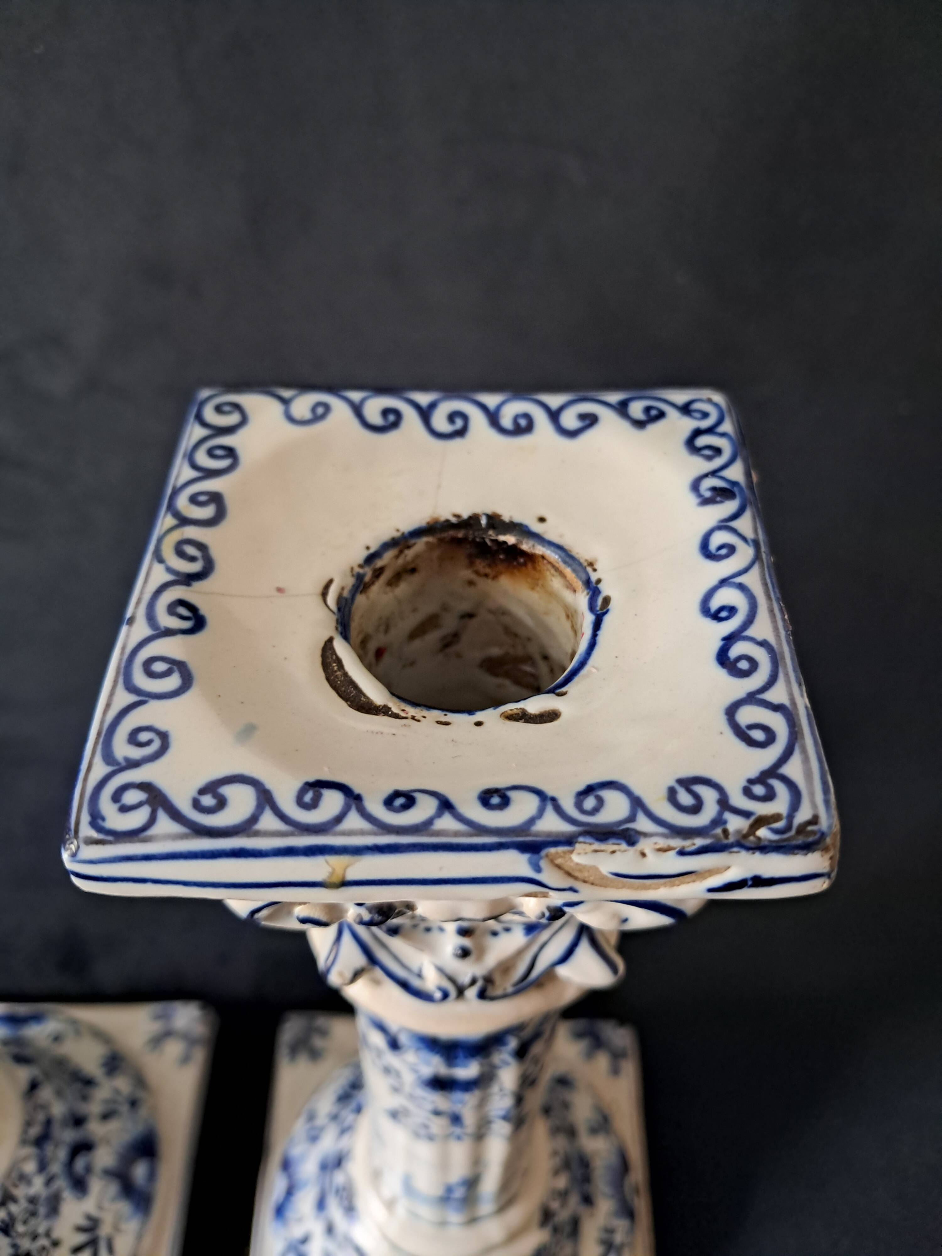 Antique Pair of Column Candlesticks in Blue and White Delftware