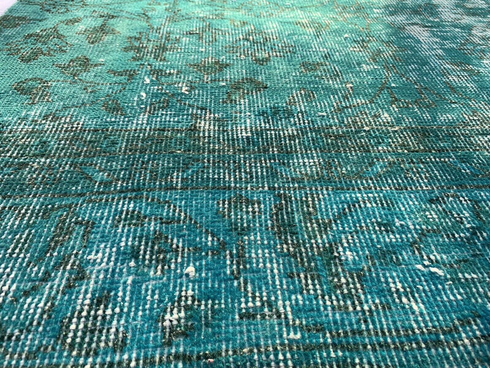 Distressed Turkish Narrow Runner 304 x 76 cm Wool Vintage rug, Overdyed Turquoise