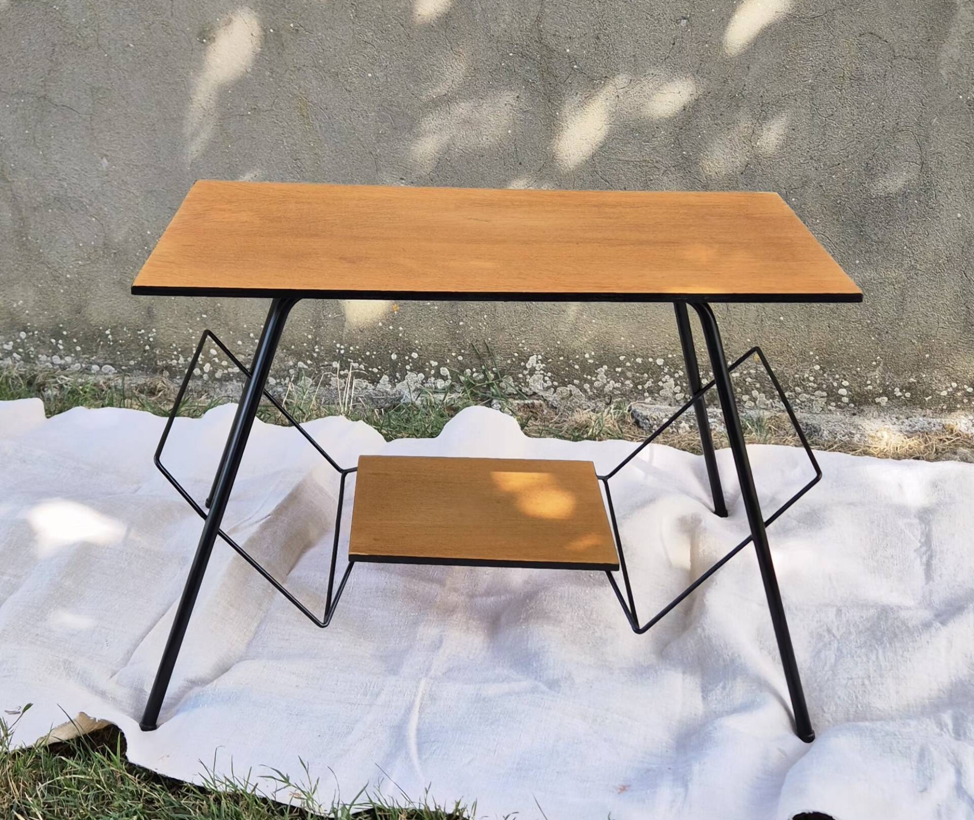 Small table, vintage Scandinavian TV unit in metal and wood, renovated.