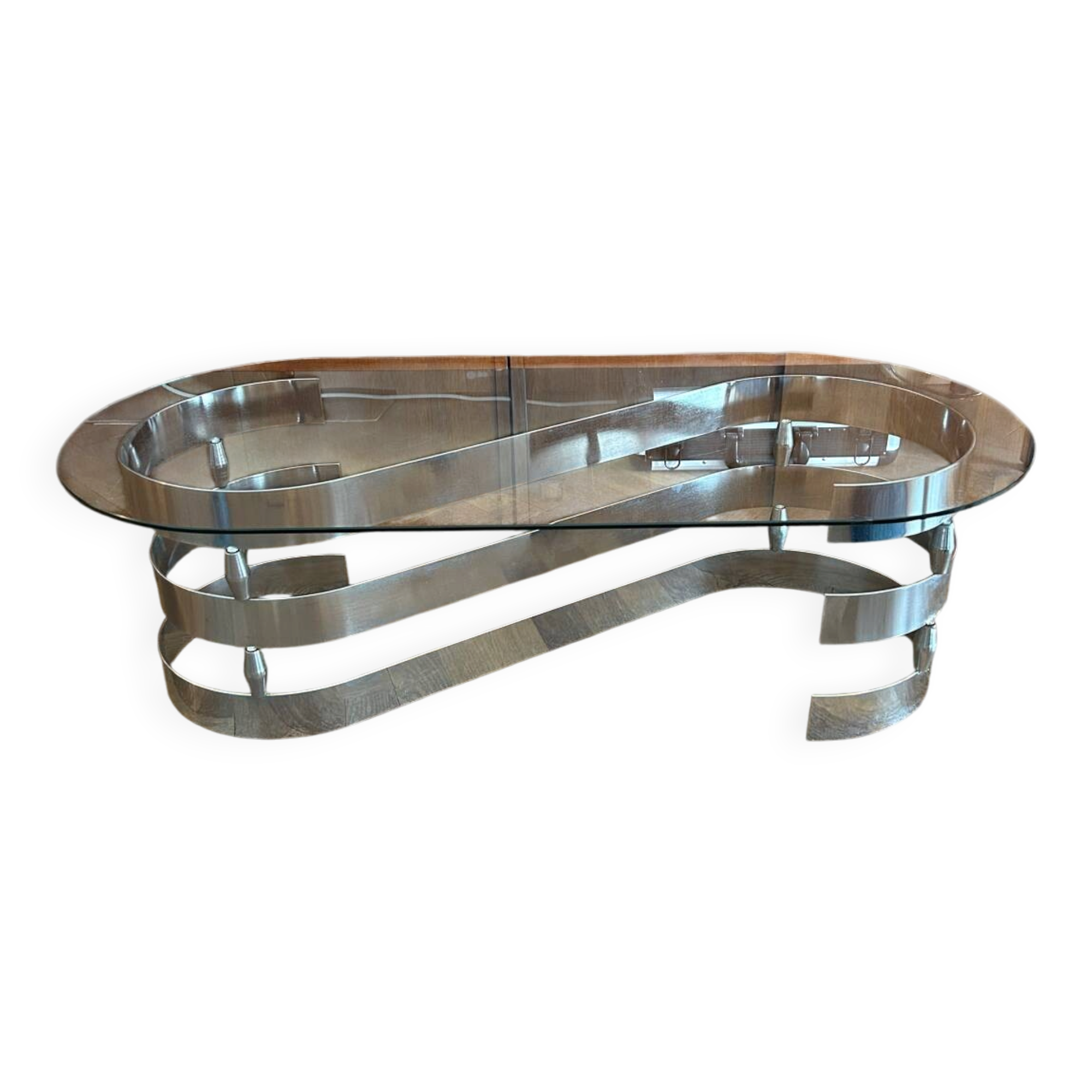 70s oval design coffee table in glass with chrome legs