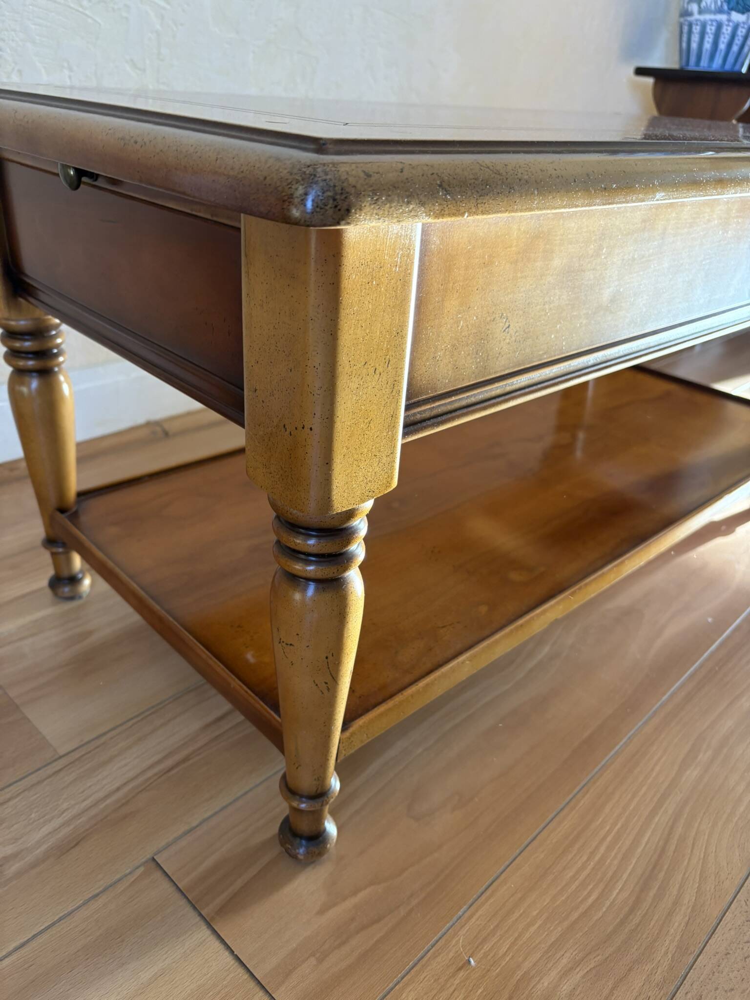 Vintage wooden coffee table with drawer and shelves