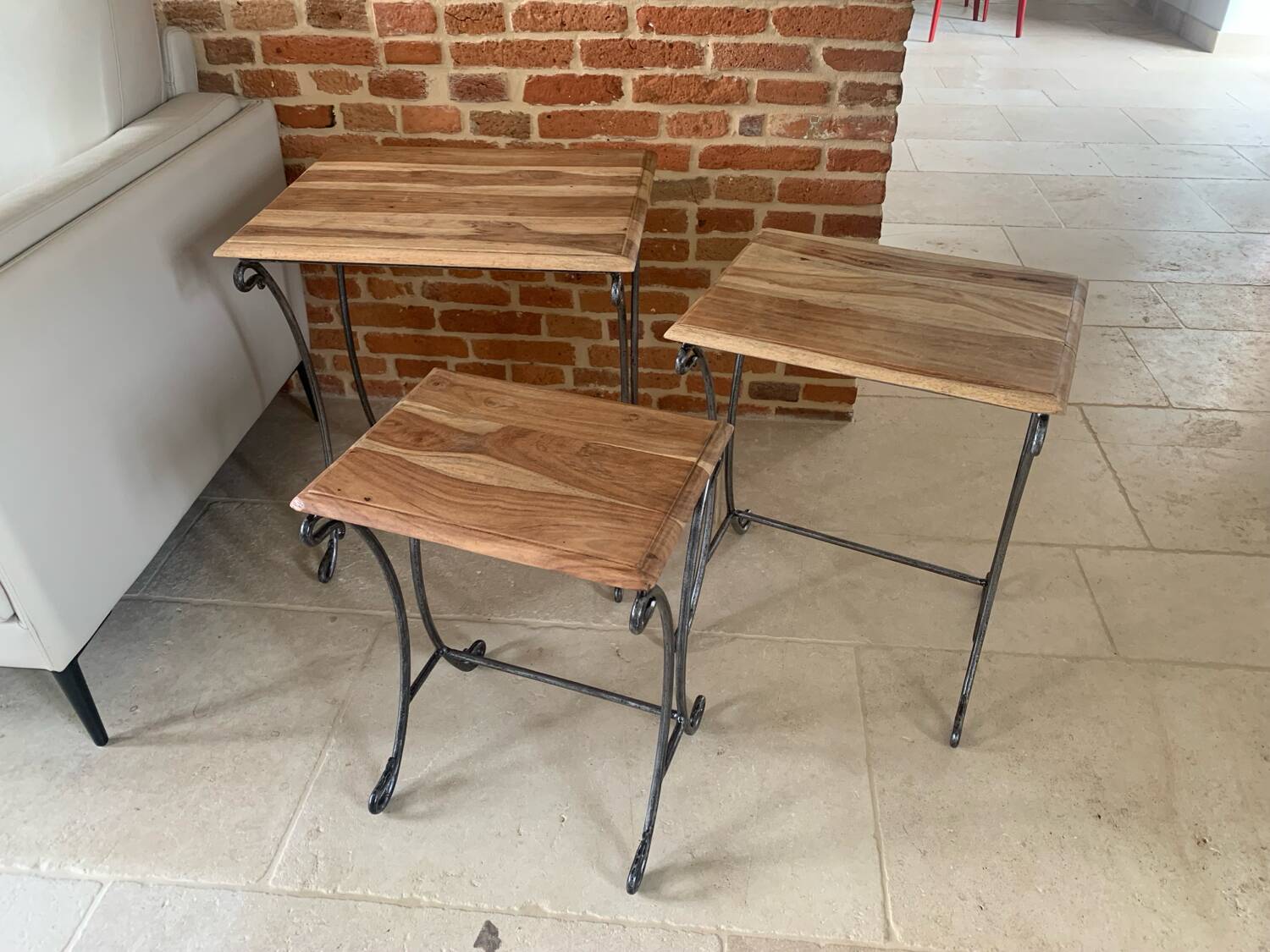 Set of 3 wooden/wrought iron nesting tables