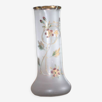 Vase tubulaire hexagonal Art Nouveau verre dépoli émaillé circa 1900-10, catalogue Legras Montjoie