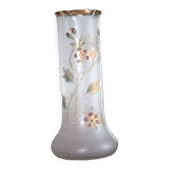 Art Nouveau hexagonal tubular vase frosted enamelled glass circa 1900-10, Legras Montjoie catalogue