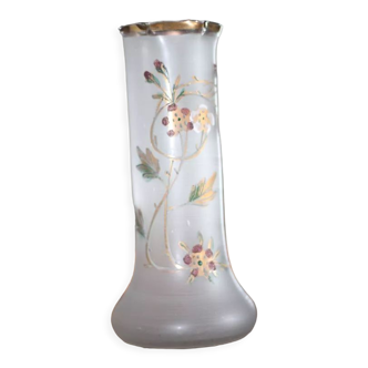 Art Nouveau hexagonal tubular vase frosted enameled glass circa 1900-10, Legras Montjoie catalog