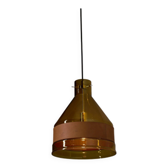 Amber glass and leather pendant lamp by J.T. Kalmar