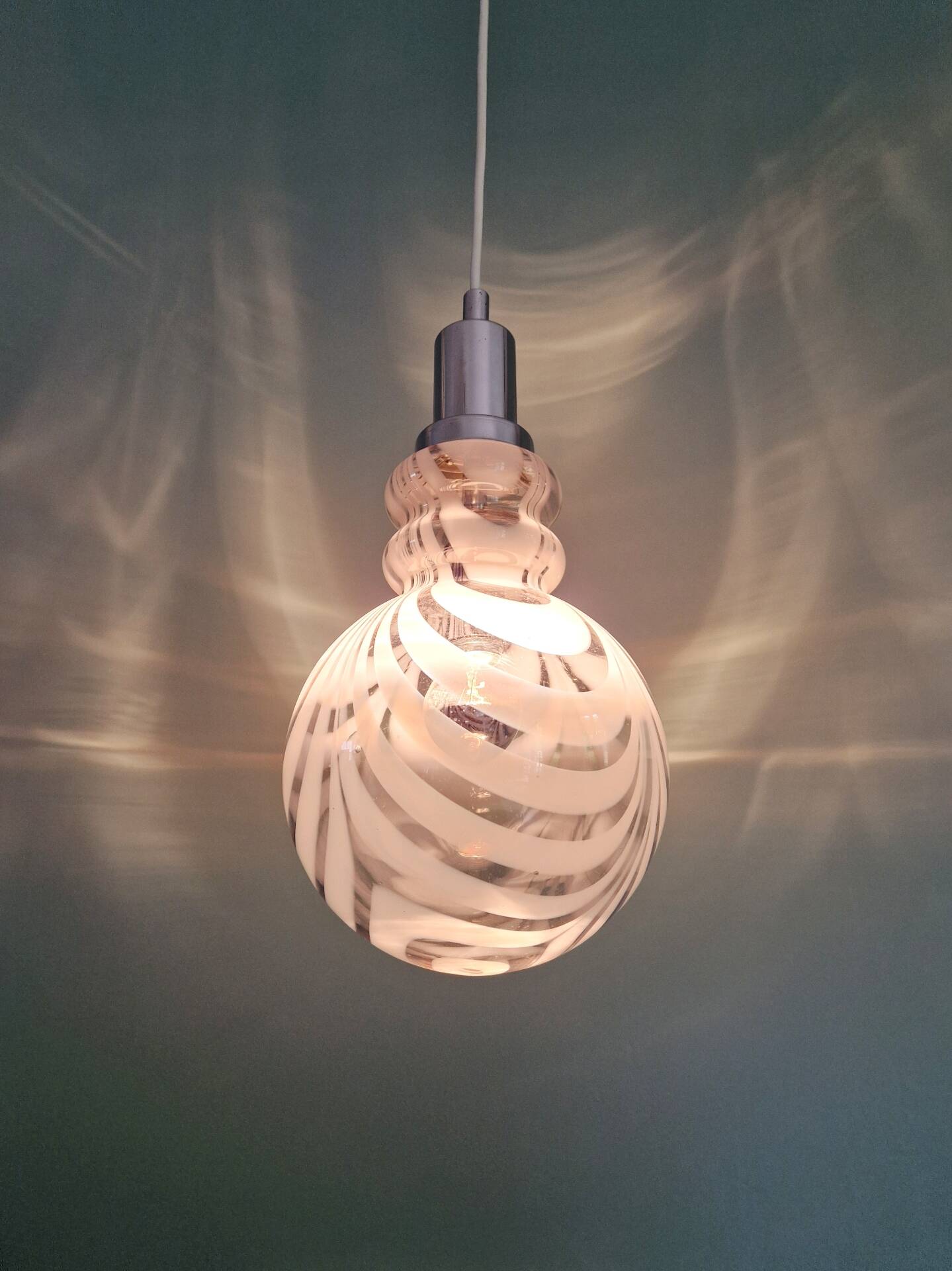Smoked Murano glass pendant with white spirals, 1970s