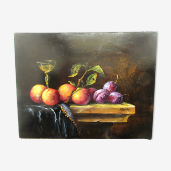 Hst painting on canvas by Chris fruits and glass of wine on a stone