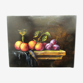 Peinture sur toile signée Chris fruits et verre de vin sur une pierre