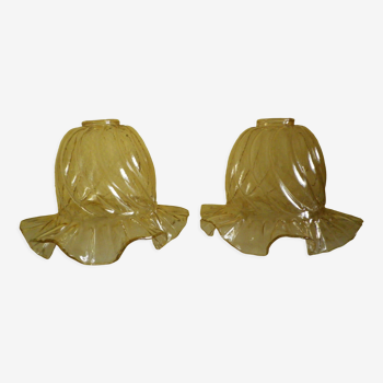 Two corolla-shaped lampshades for suspension or applique, amber colour