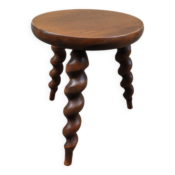 Tabouret brutaliste tripode en bois pieds torsadés vintage1950/60