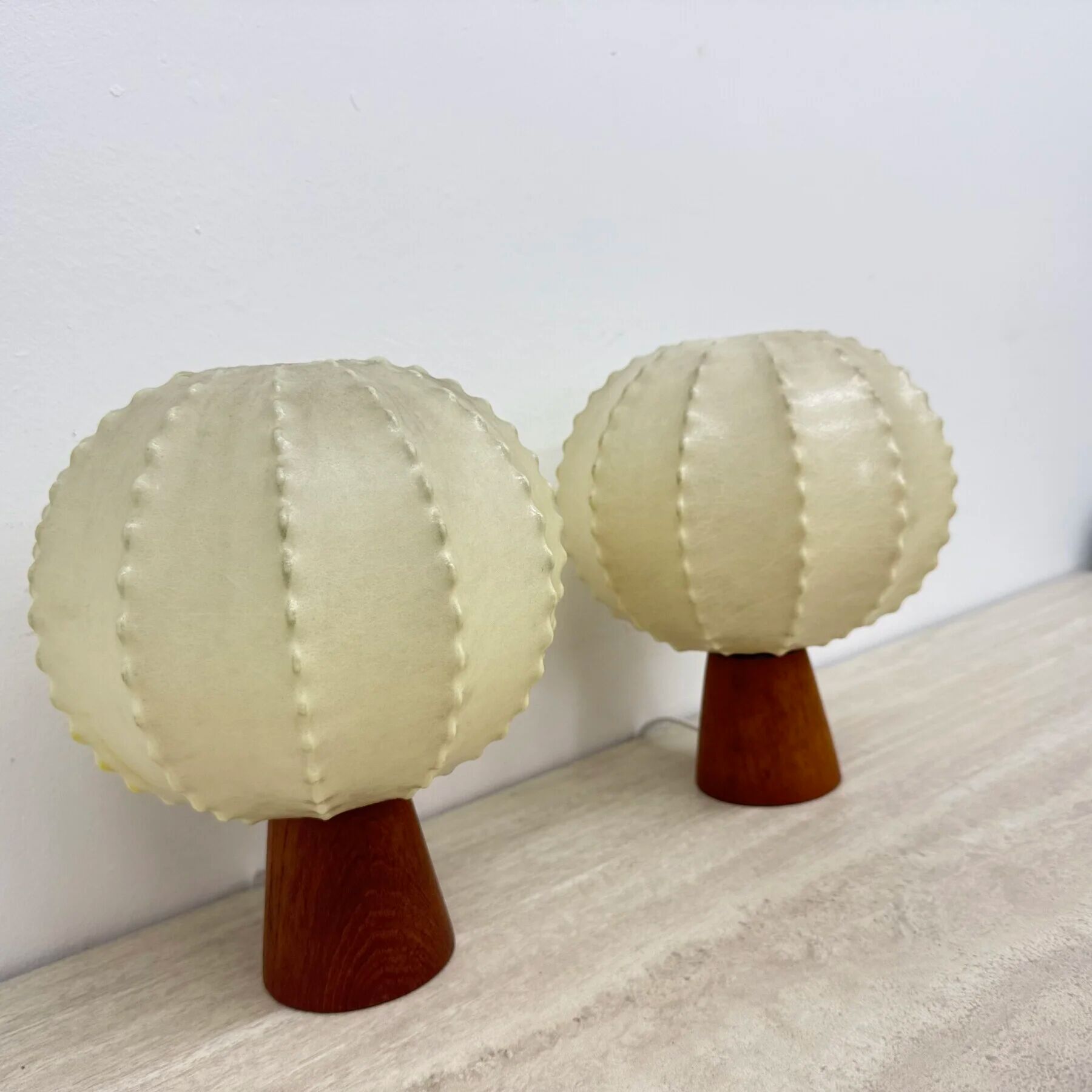 Pair of Goldkant Leuchten cocoon with teak base table lamps, 1970s